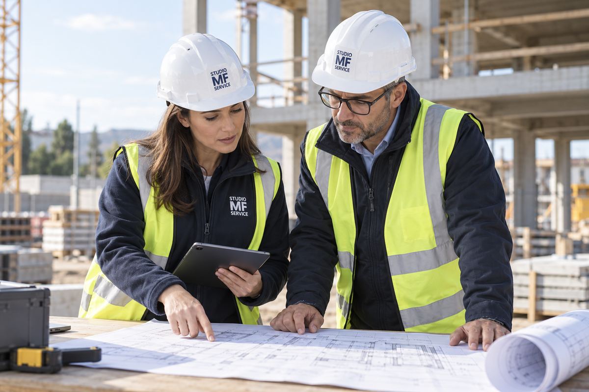 Due tecnici di Studio MF Service con casco e gilet ad alta visibilità esaminano una planimetria in un cantiere.