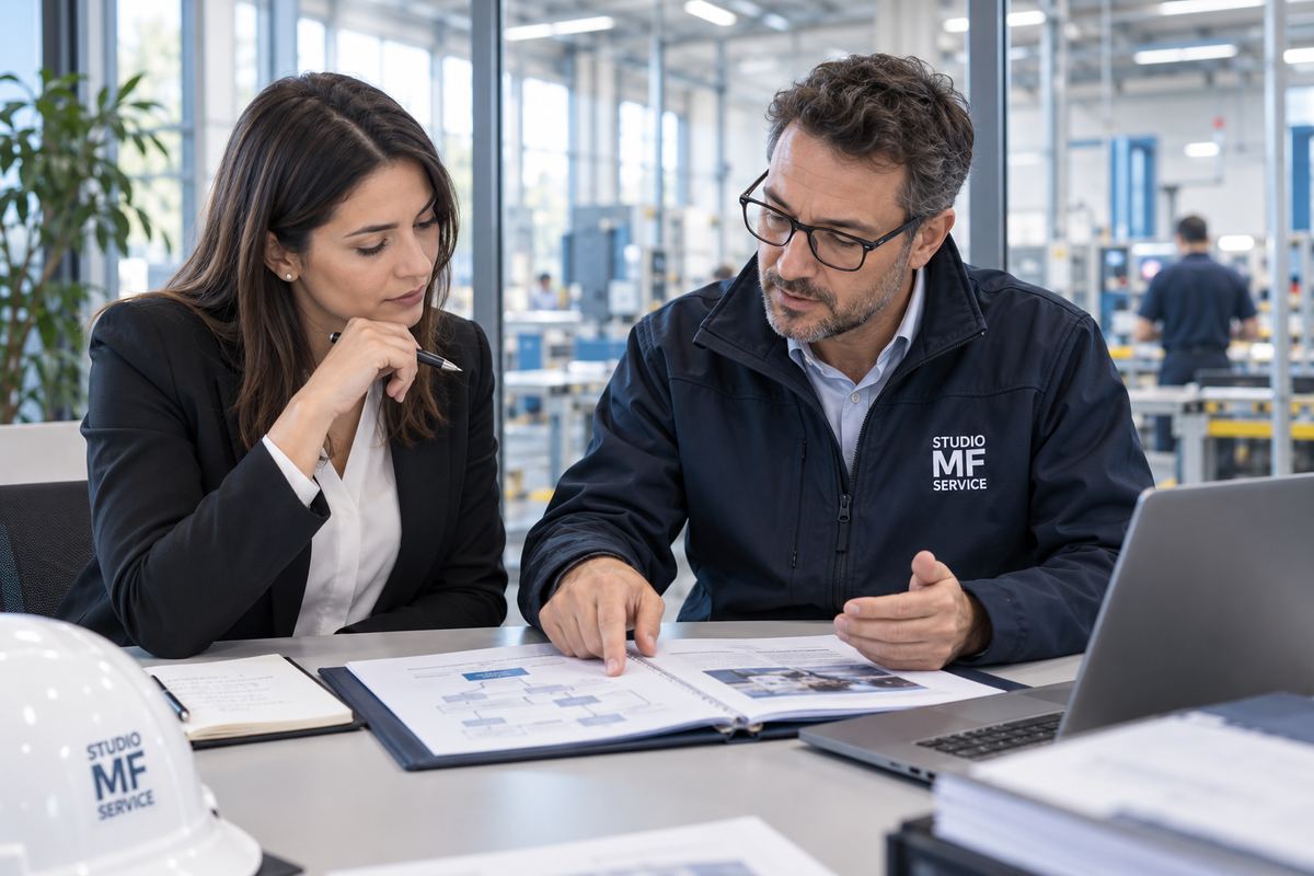 Un consulente di Studio MF Service e una responsabile aziendale esaminano documenti organizzativi a una scrivania.