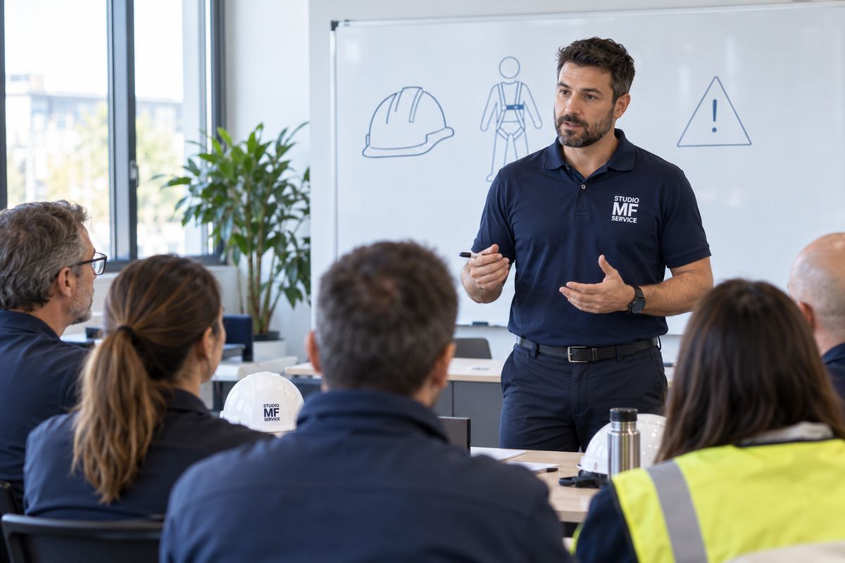 Un formatore di Studio MF Service tiene una lezione a lavoratori adulti in un'aula luminosa.
