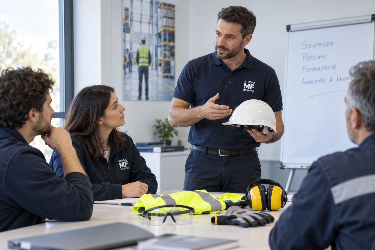 Un formatore di Studio MF Service mostra i dispositivi di protezione a un piccolo gruppo di lavoratori.
