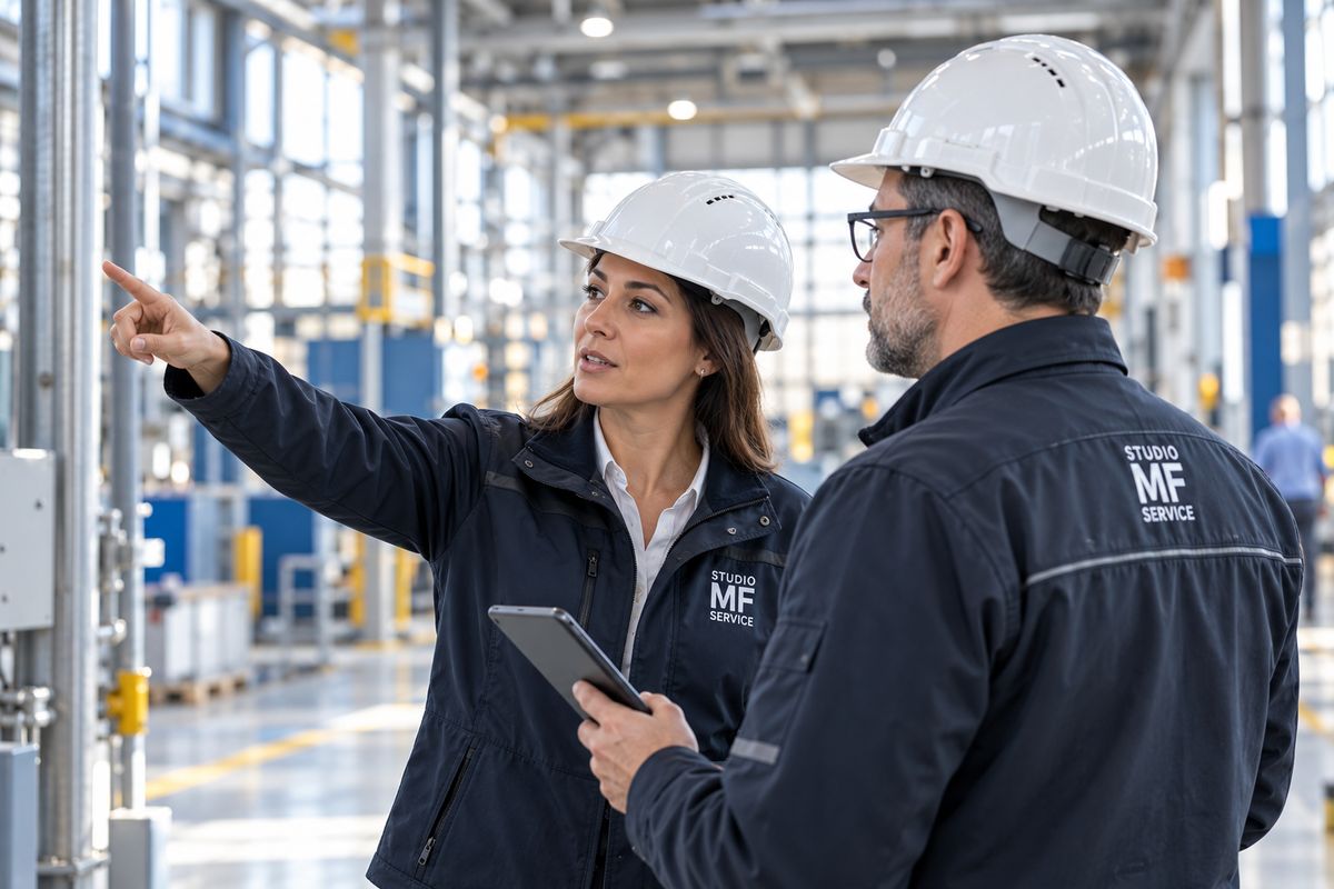 Due consulenti di Studio MF Service con il casco bianco osservano gli impianti in uno stabilimento luminoso.