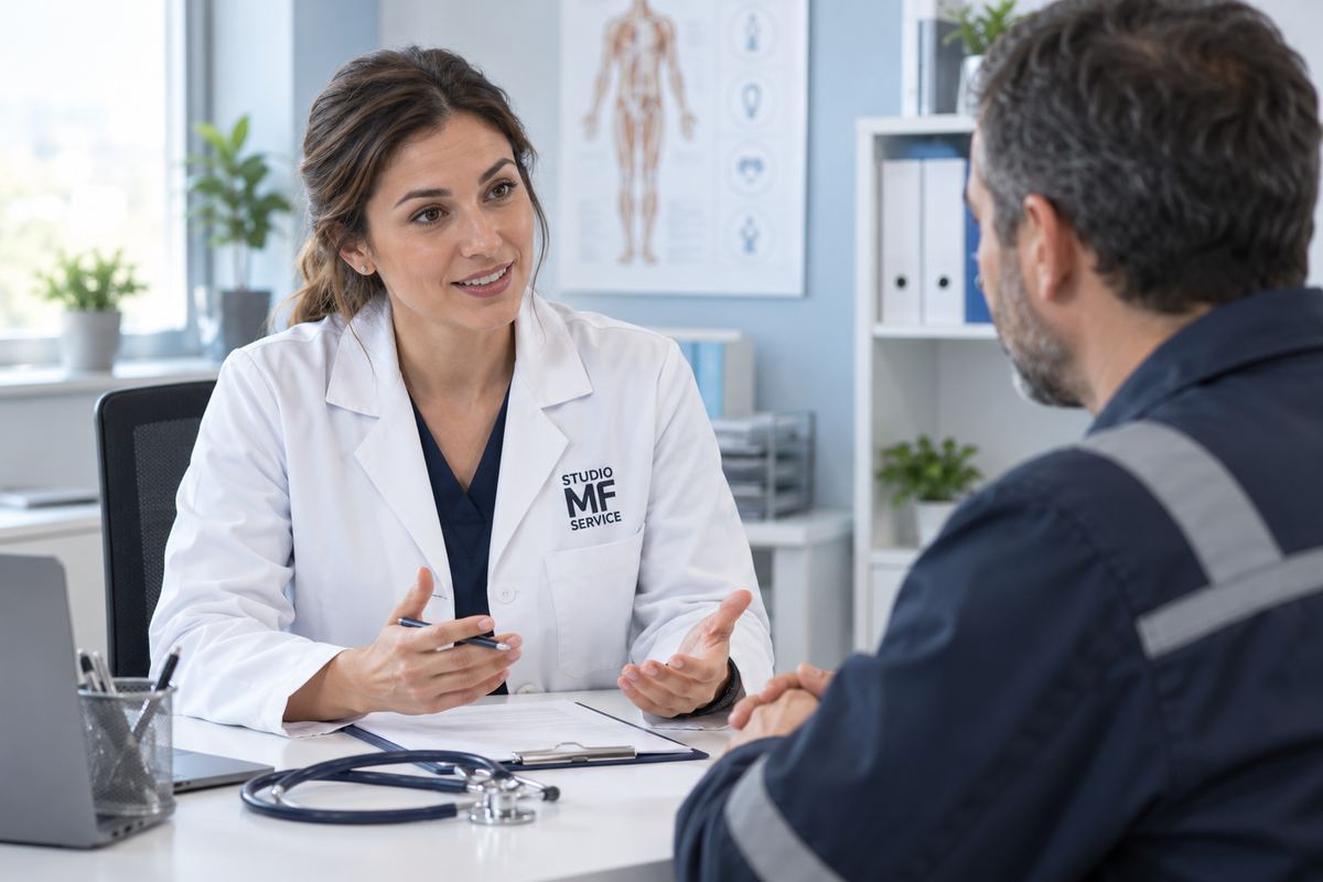 Una professionista di Studio MF Service con il camice incontra un lavoratore in un ambulatorio di medicina del lavoro.